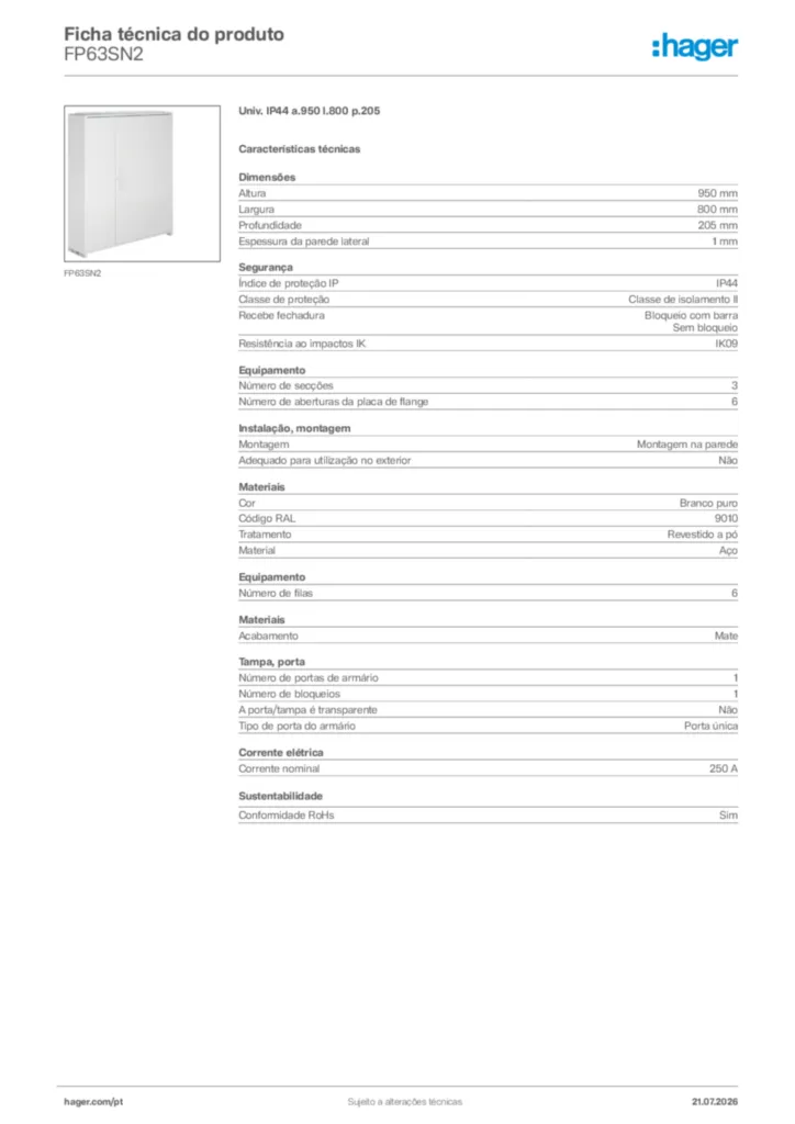 Imagem Hager Ficha técnica do produto FP63SN2 | Hager Portugal