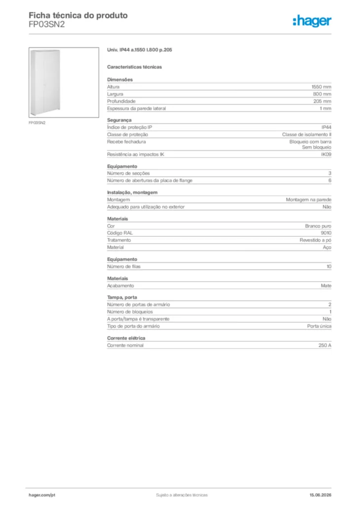 Imagem Hager Ficha técnica do produto FP03SN2 | Hager Portugal