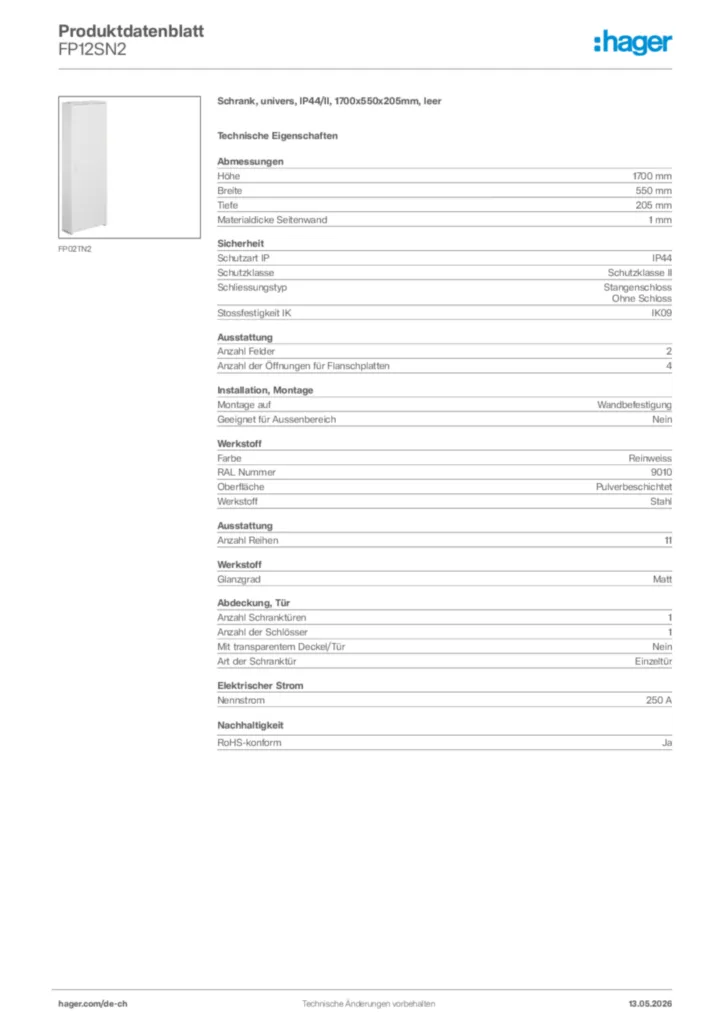 Bild Hager Produktdatenblatt FP12SN2 | Hager Schweiz