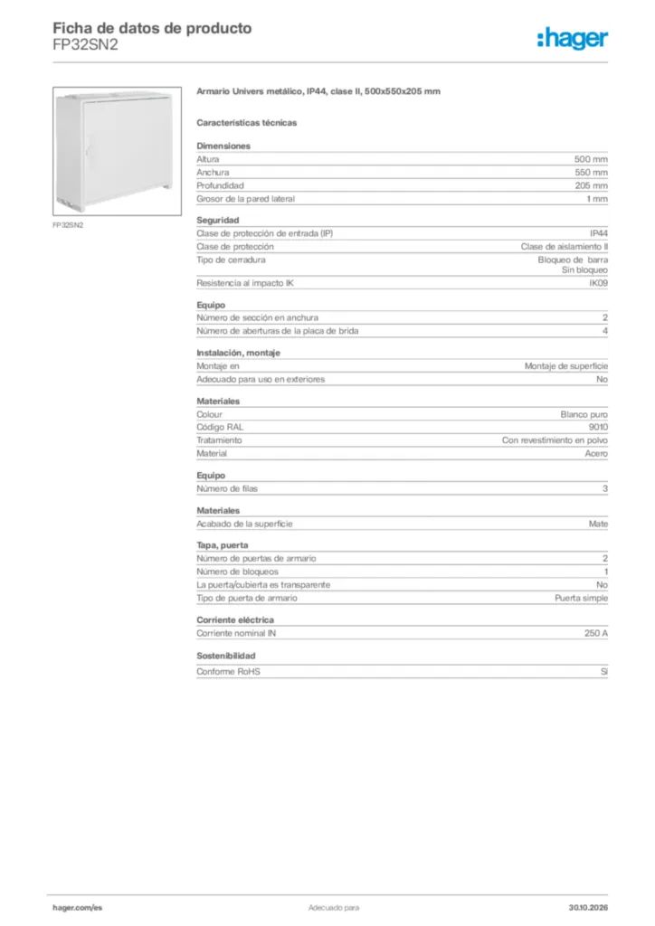 Imagen Hager Ficha de datos de producto FP32SN2 | Hager España