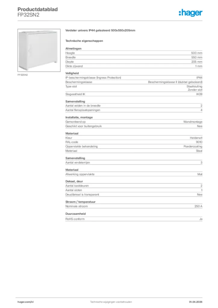 Afbeelding Hager Productdatablad FP32SN2 | Hager Nederland