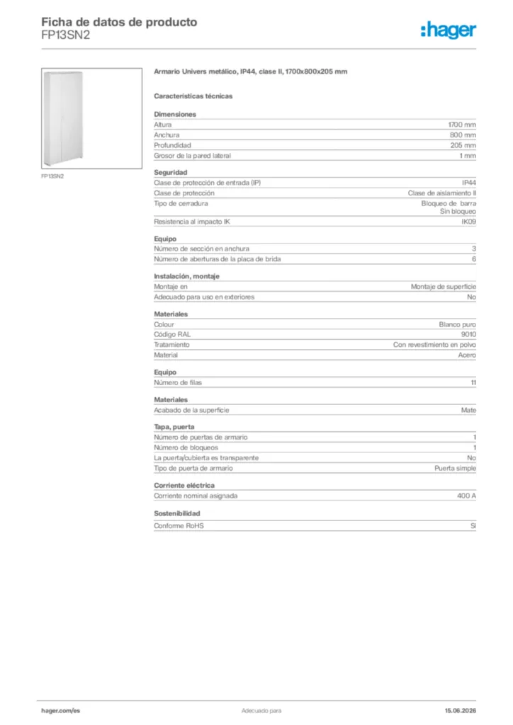 Imagen Hager Ficha de datos de producto FP13SN2 | Hager España