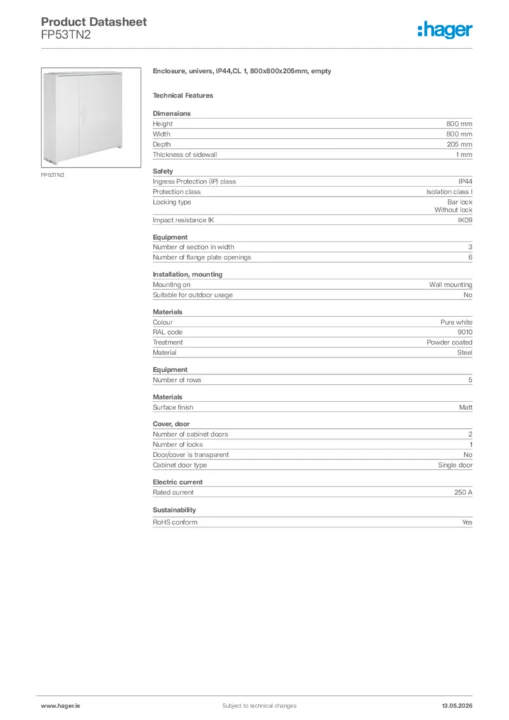 Image Hager Product data sheet FP53TN2  | Hager