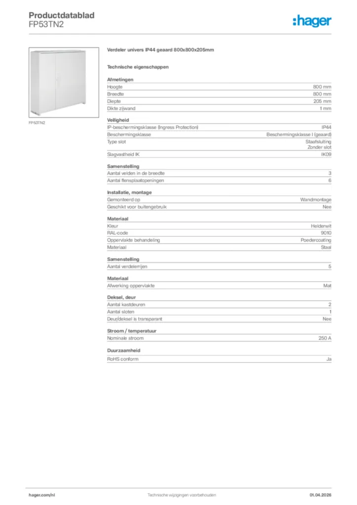 Afbeelding Hager Productdatablad FP53TN2 | Hager Nederland