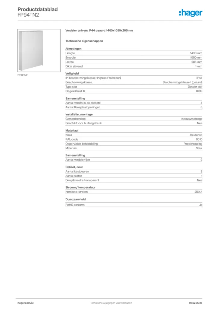 Afbeelding Hager Productdatablad FP94TN2 | Hager Nederland