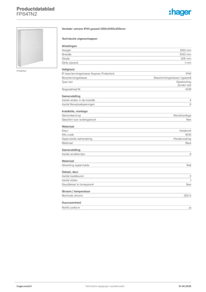 Afbeelding Hager Productdatablad FP84TN2 | Hager Nederland