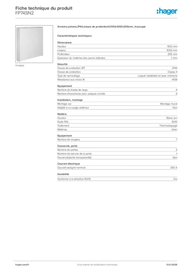 Image Hager Fiche technique du produit FP74SN2 | Hager France