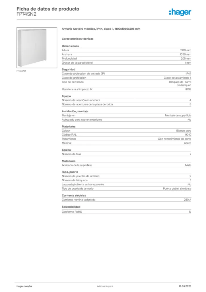 Imagen Hager Ficha de datos de producto FP74SN2 | Hager España