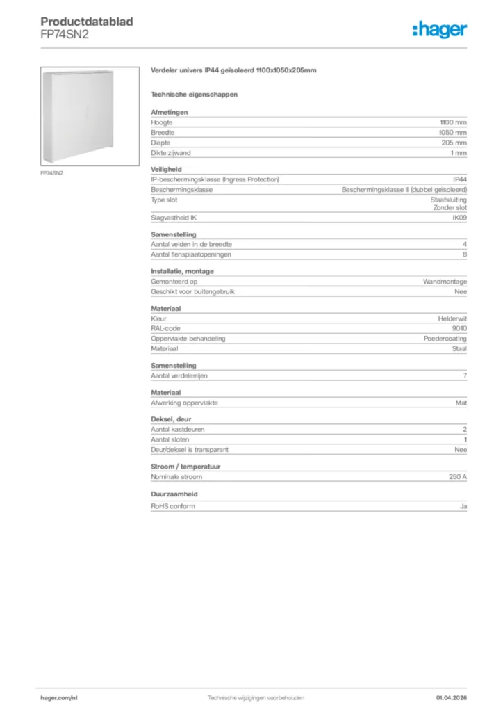Afbeelding Hager Productdatablad FP74SN2 | Hager Nederland