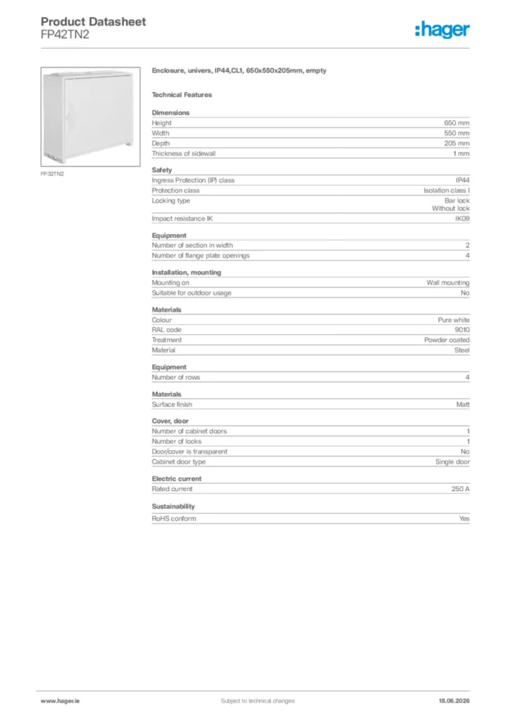 Image Hager Product data sheet FP42TN2  | Hager