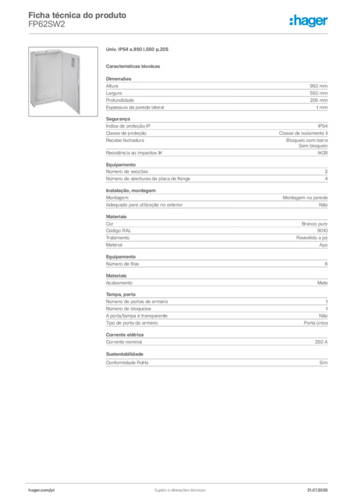 Imagem Hager Ficha técnica do produto FP62SW2 | Hager Portugal