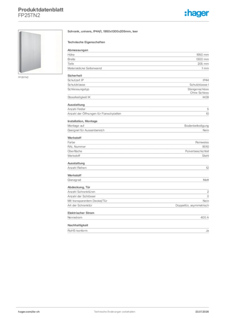 Bild Hager Produktdatenblatt FP25TN2 | Hager Schweiz