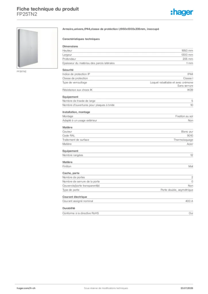 Image Hager Fiche technique du produit FP25TN2 | Hager Suisse