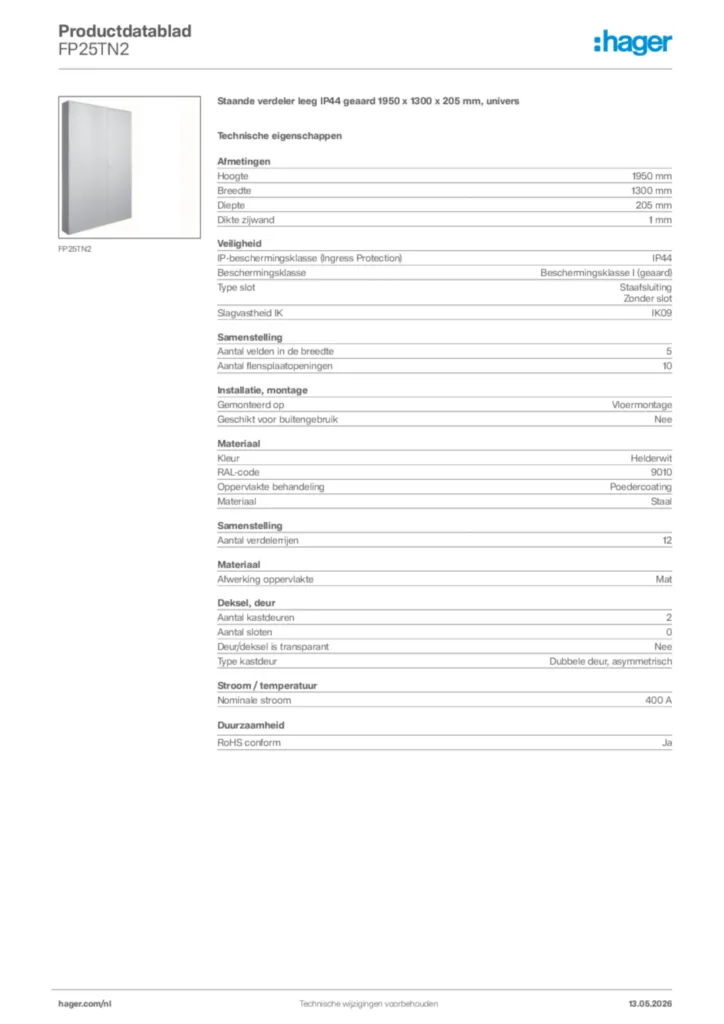 Afbeelding Hager Productdatablad FP25TN2 | Hager Nederland