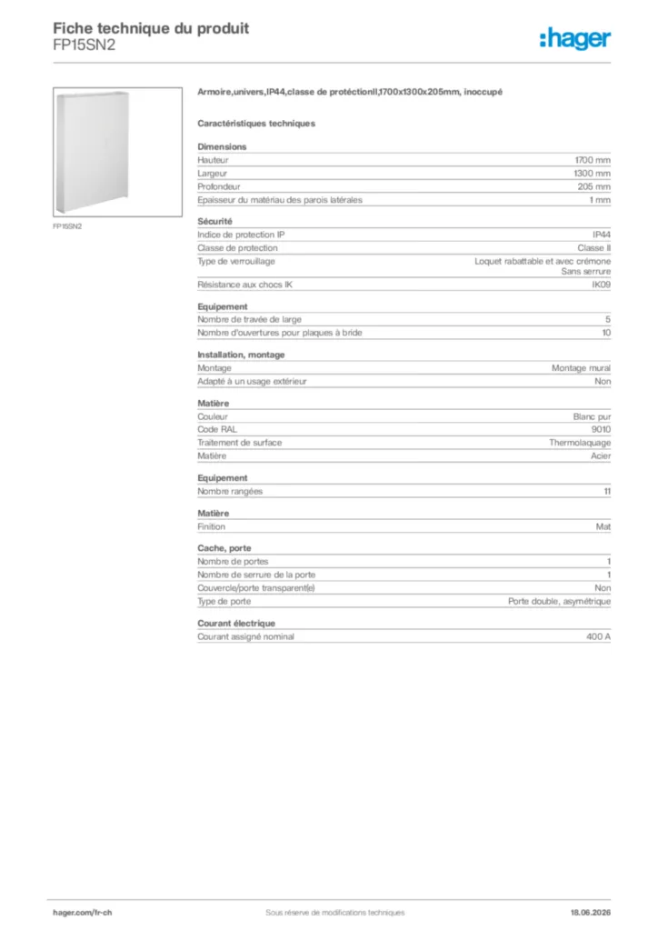 Image Hager Fiche technique du produit FP15SN2 | Hager Suisse
