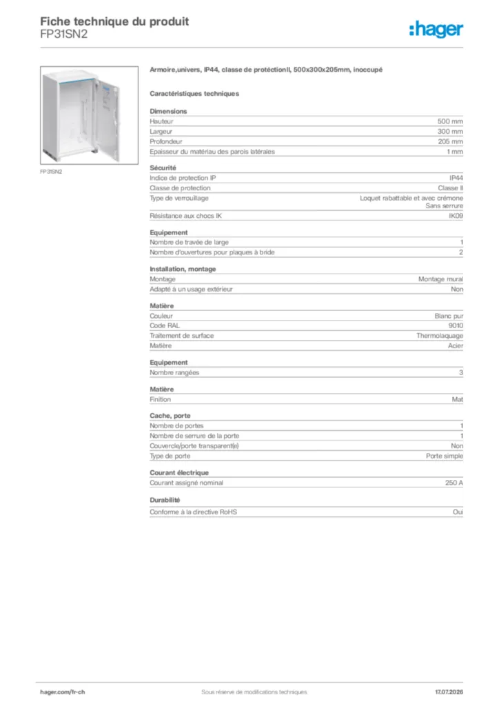 Image Hager Fiche technique du produit FP31SN2 | Hager Suisse