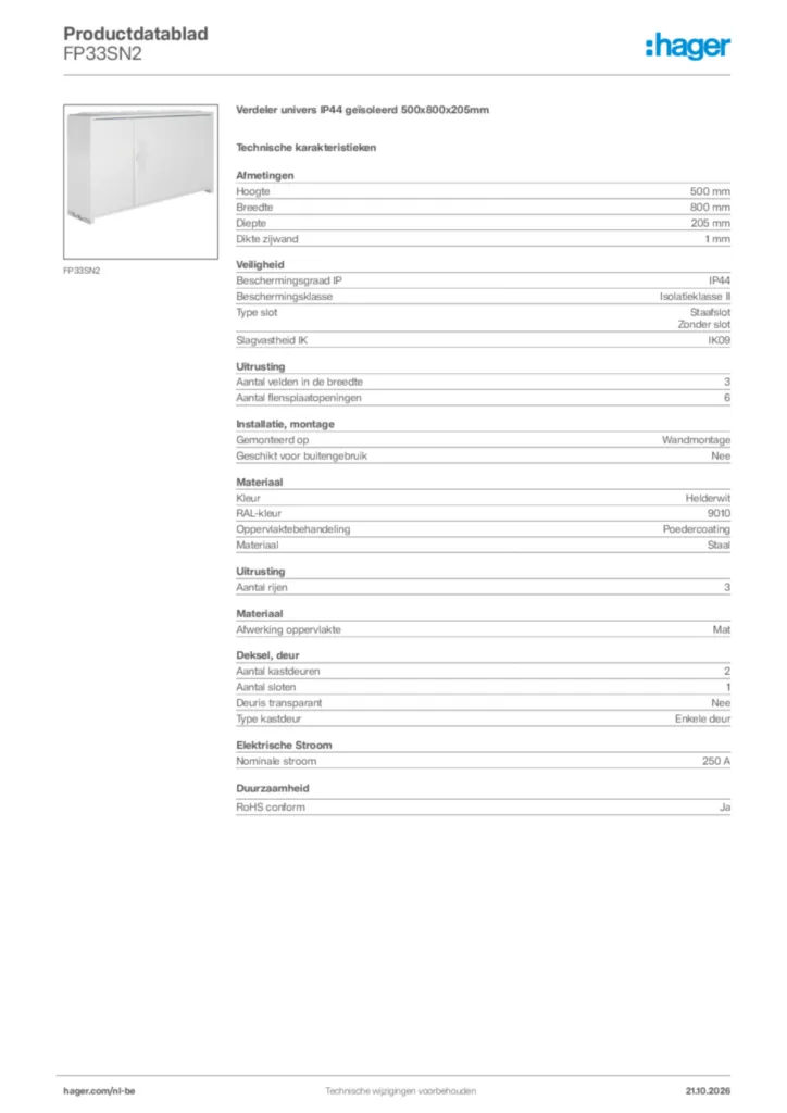 Afbeelding Hager Productdatablad FP33SN2 | Hager Belgium
