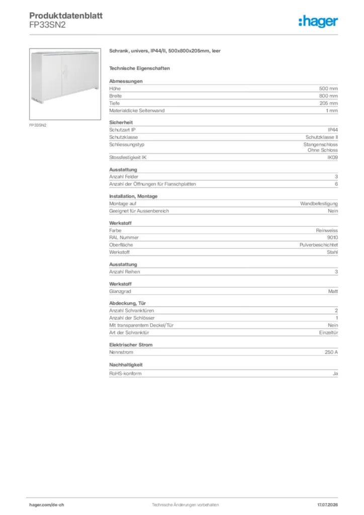 Bild Hager Produktdatenblatt FP33SN2 | Hager Schweiz