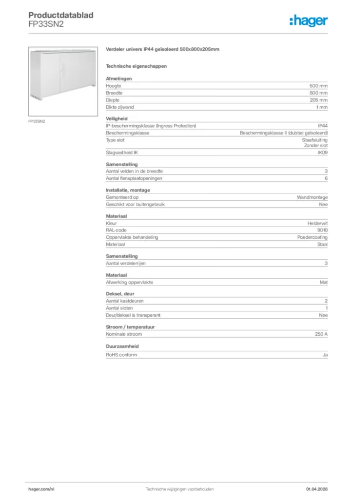 Afbeelding Hager Productdatablad FP33SN2 | Hager Nederland