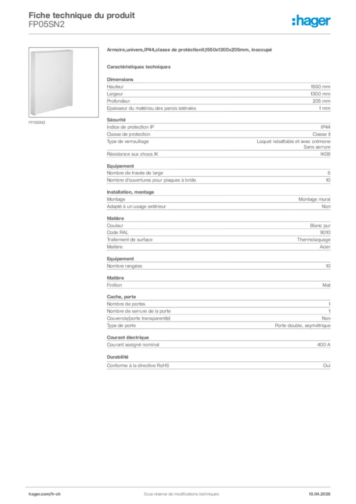 Image Hager Fiche technique du produit FP05SN2 | Hager Suisse