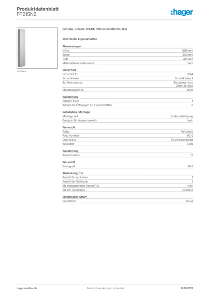 Bild Hager Produktdatenblatt FP21SN2 | Hager Schweiz