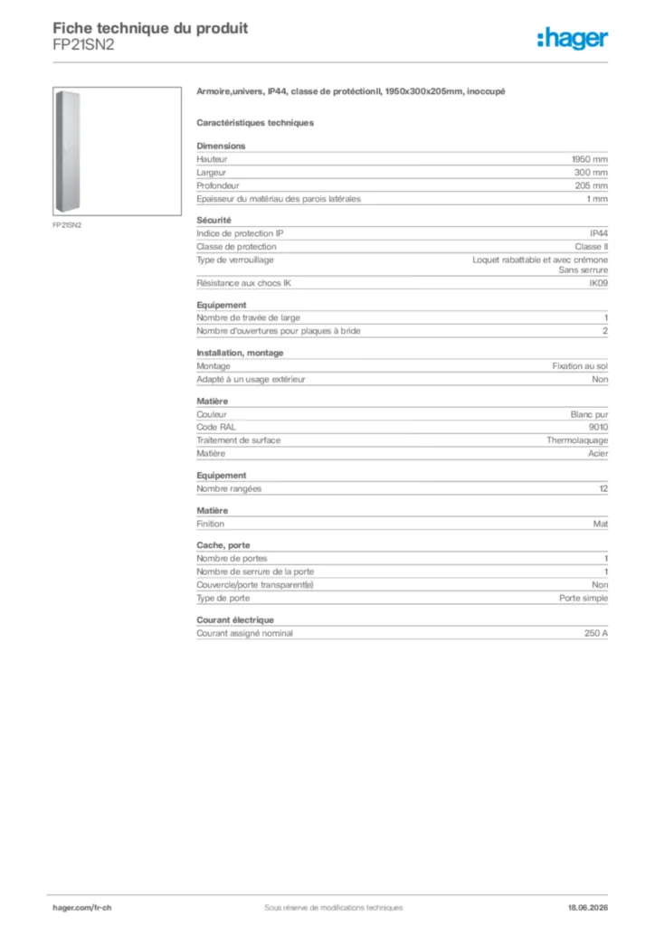 Image Hager Fiche technique du produit FP21SN2 | Hager Suisse