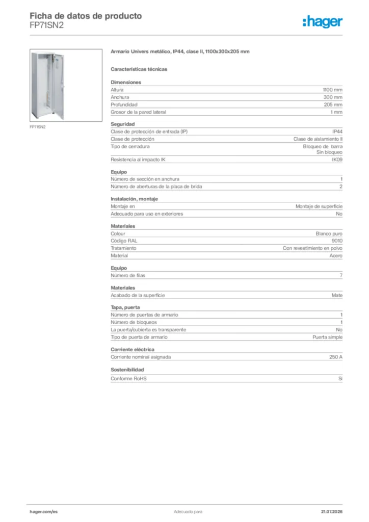 Imagen Hager Ficha de datos de producto FP71SN2 | Hager España