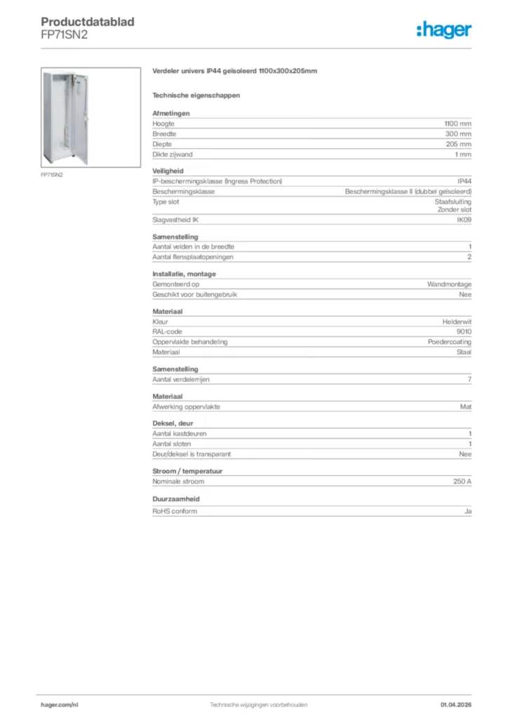 Afbeelding Hager Productdatablad FP71SN2 | Hager Nederland