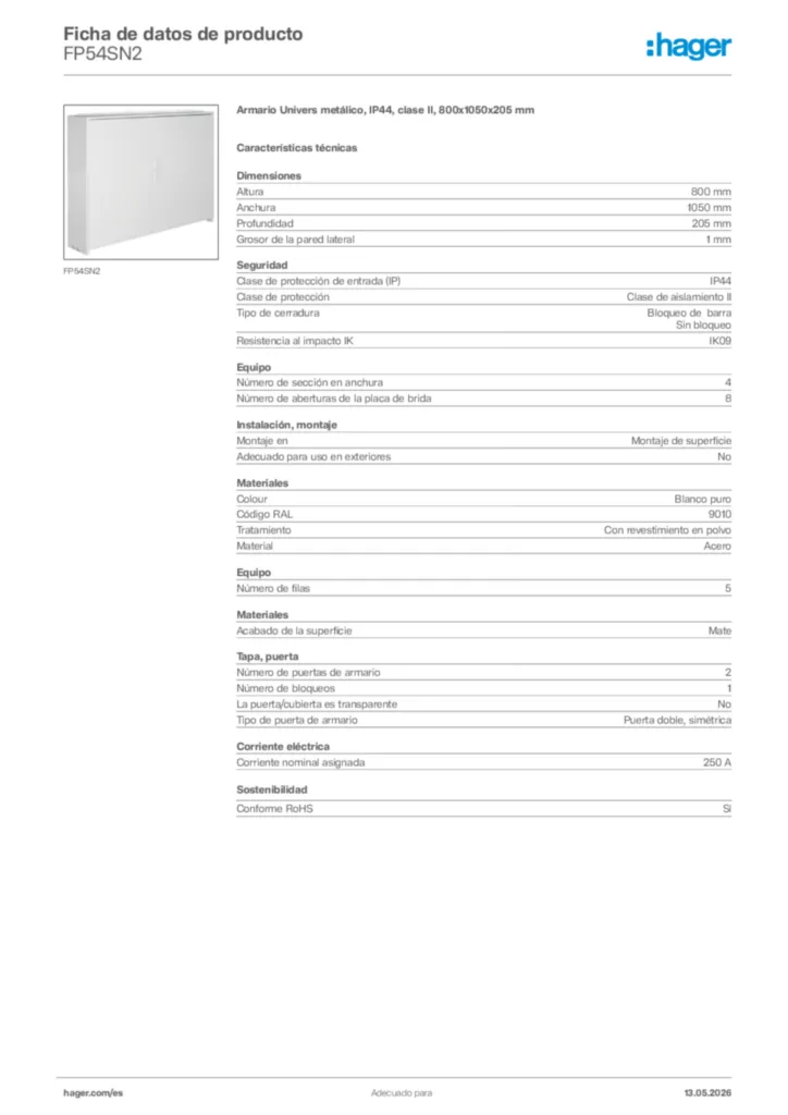 Imagen Hager Ficha de datos de producto FP54SN2 | Hager España
