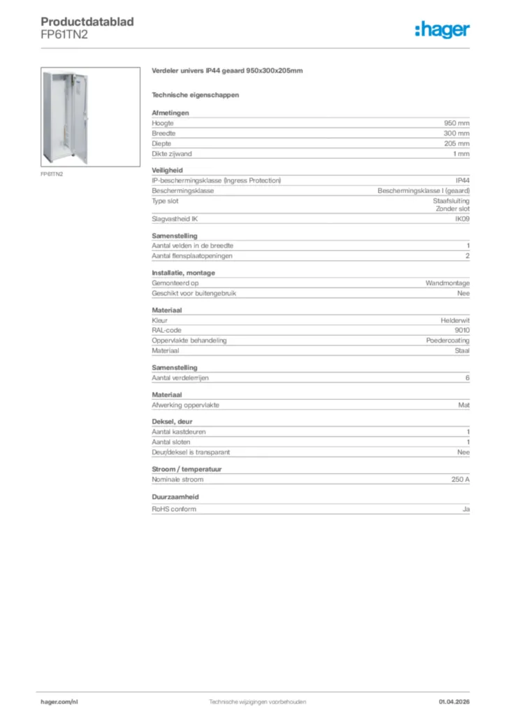 Afbeelding Hager Productdatablad FP61TN2 | Hager Nederland