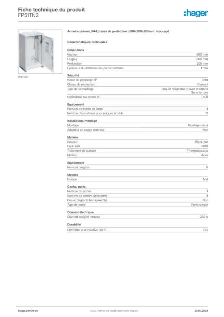 Image Hager Fiche technique du produit FP51TN2 | Hager Suisse