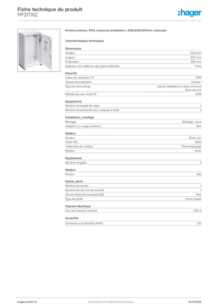 Image Hager Fiche technique du produit FP31TN2 | Hager Suisse
