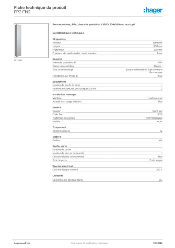 Image Hager Fiche technique du produit FP21TN2 | Hager Suisse