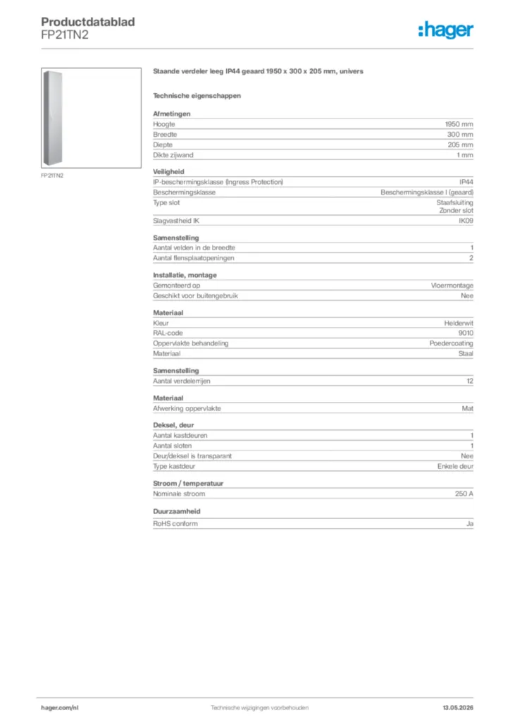 Afbeelding Hager Productdatablad FP21TN2 | Hager Nederland