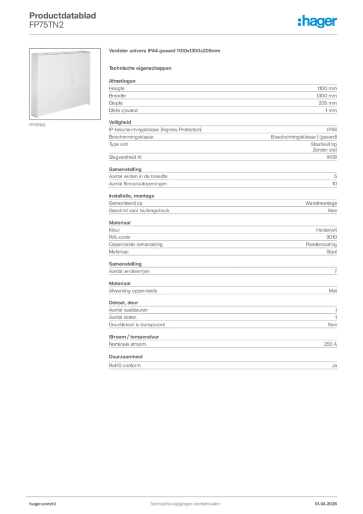 Afbeelding Hager Productdatablad FP75TN2 | Hager Nederland