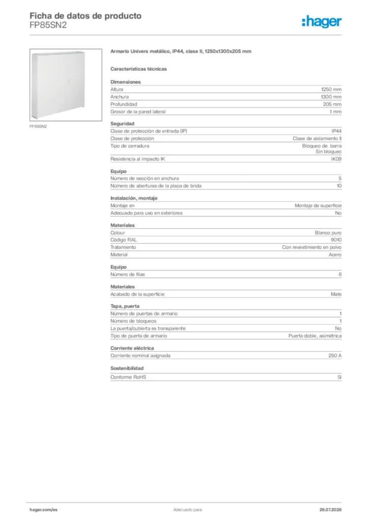 Imagen Hager Ficha de datos de producto FP85SN2 | Hager España