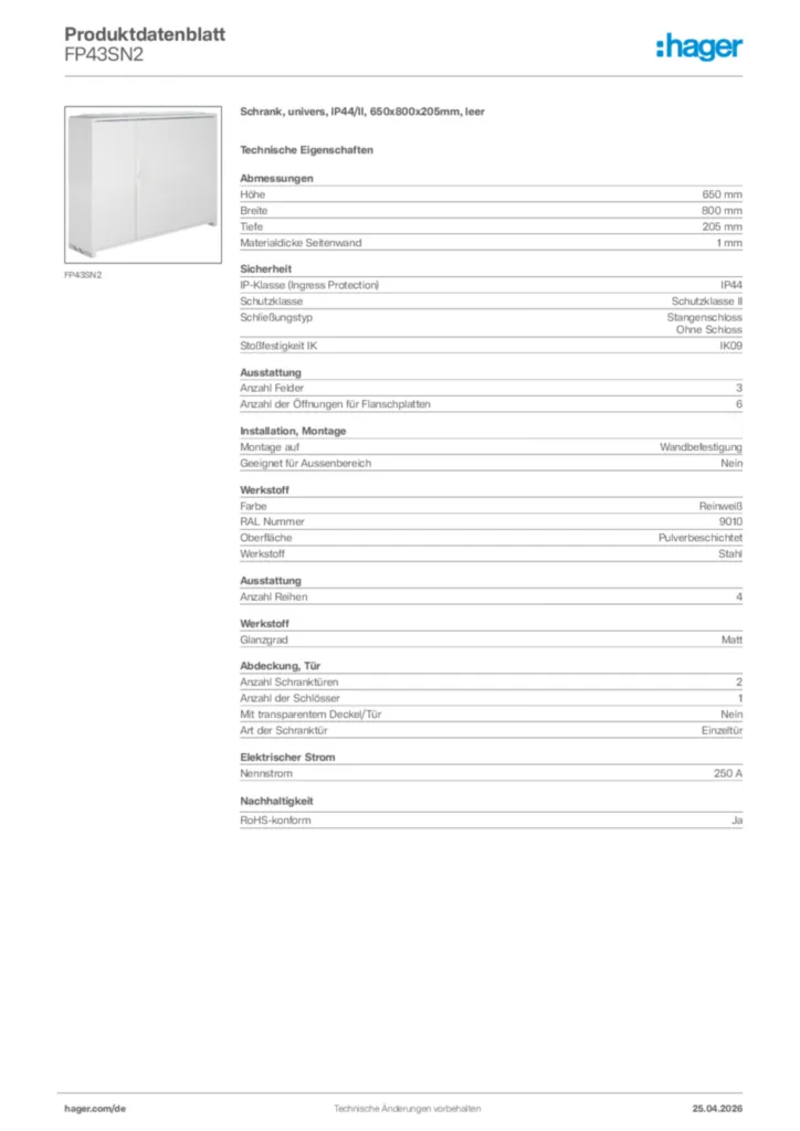 Bild Hager Produktdatenblatt FP43SN2 | Hager Deutschland
