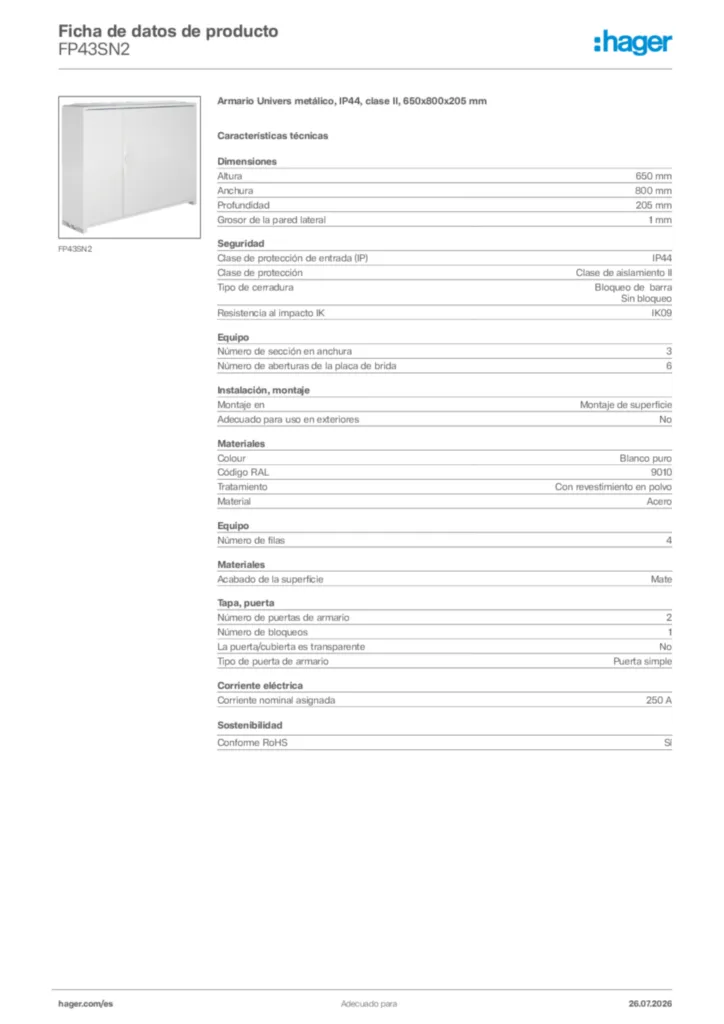 Imagen Hager Ficha de datos de producto FP43SN2 | Hager España