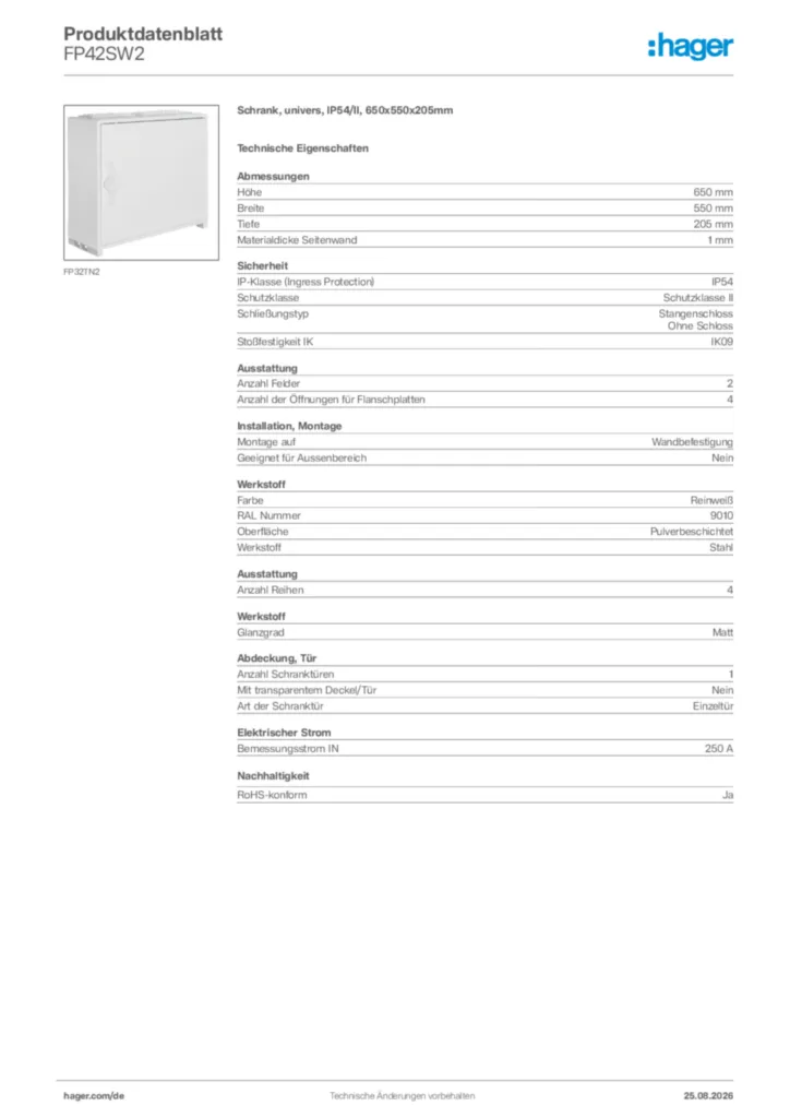 Bild Hager Produktdatenblatt FP42SW2 | Hager Deutschland