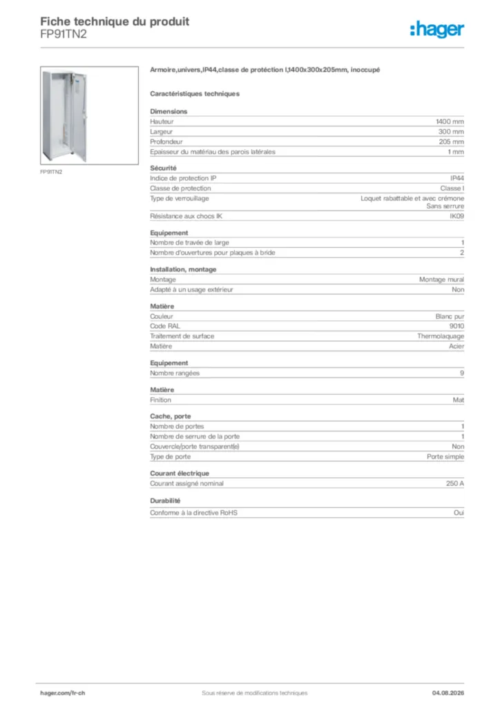 Image Hager Fiche technique du produit FP91TN2 | Hager Suisse