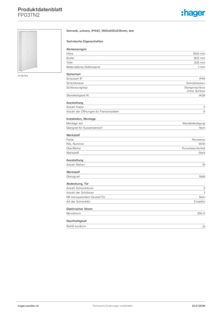Bild Hager Produktdatenblatt FP03TN2 | Hager Schweiz