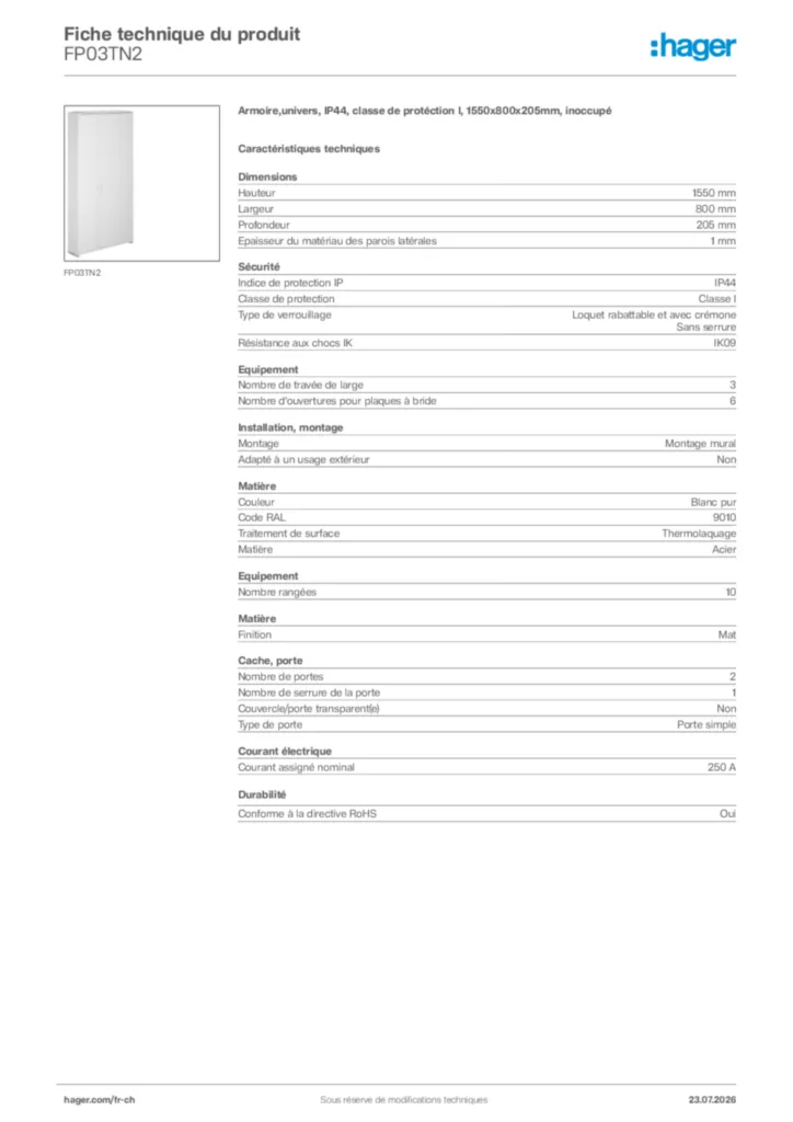 Image Hager Fiche technique du produit FP03TN2 | Hager Suisse