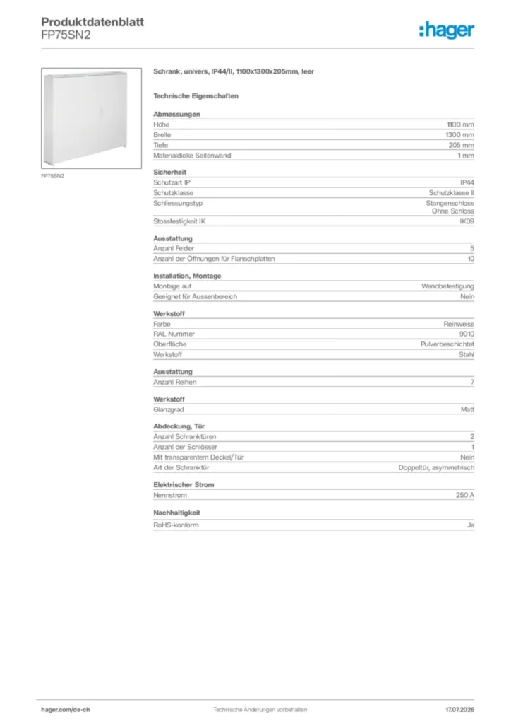 Bild Hager Produktdatenblatt FP75SN2 | Hager Schweiz