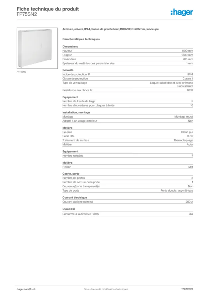 Image Hager Fiche technique du produit FP75SN2 | Hager Suisse