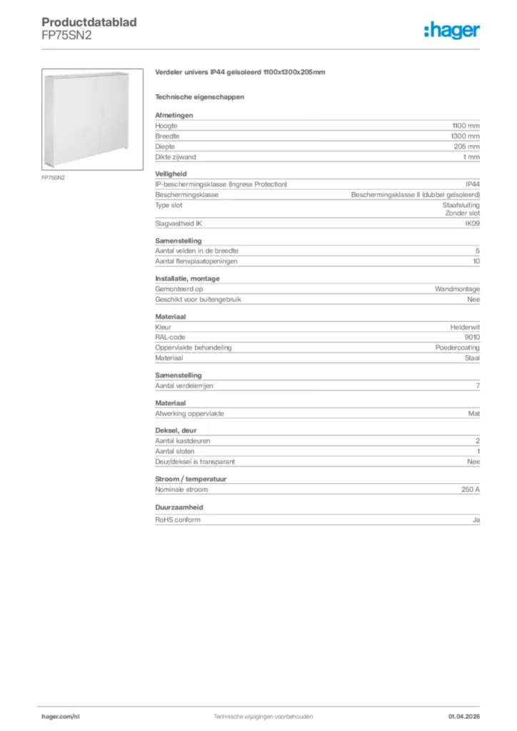 Afbeelding Hager Productdatablad FP75SN2 | Hager Nederland