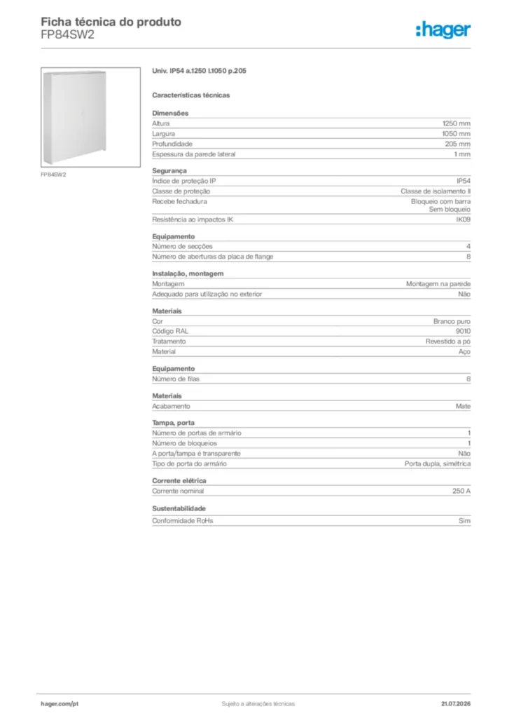Imagem Hager Ficha técnica do produto FP84SW2 | Hager Portugal
