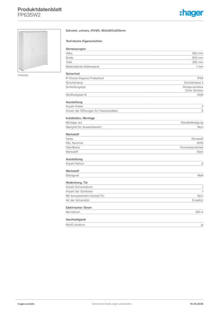 Bild Hager Produktdatenblatt FP63SW2 | Hager Deutschland