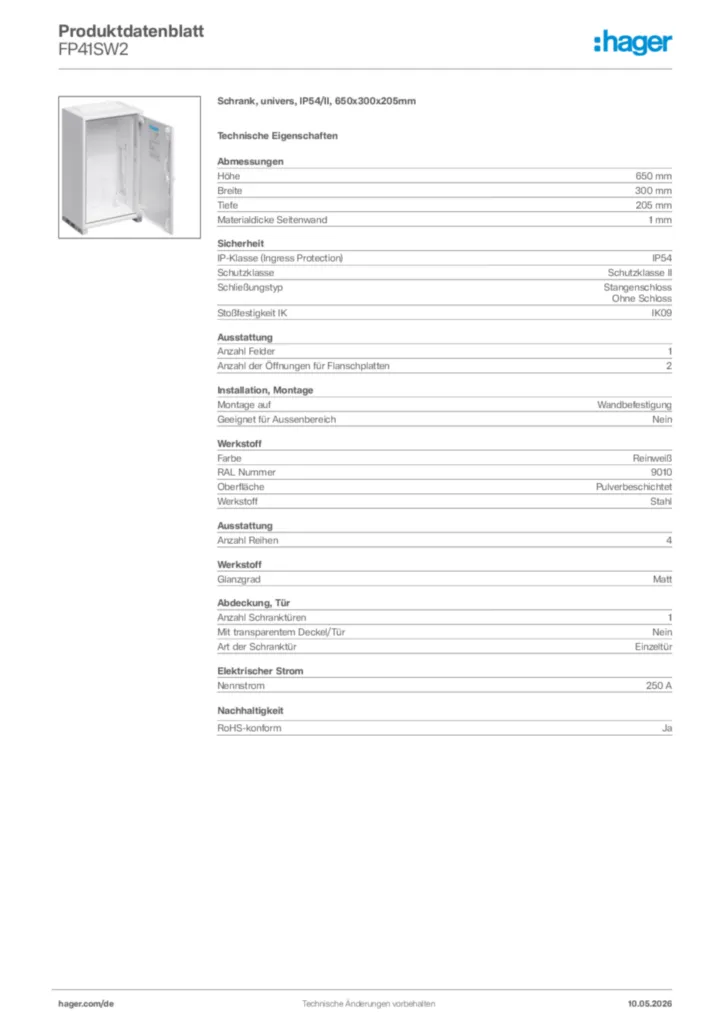 Bild Hager Produktdatenblatt FP41SW2 | Hager Deutschland