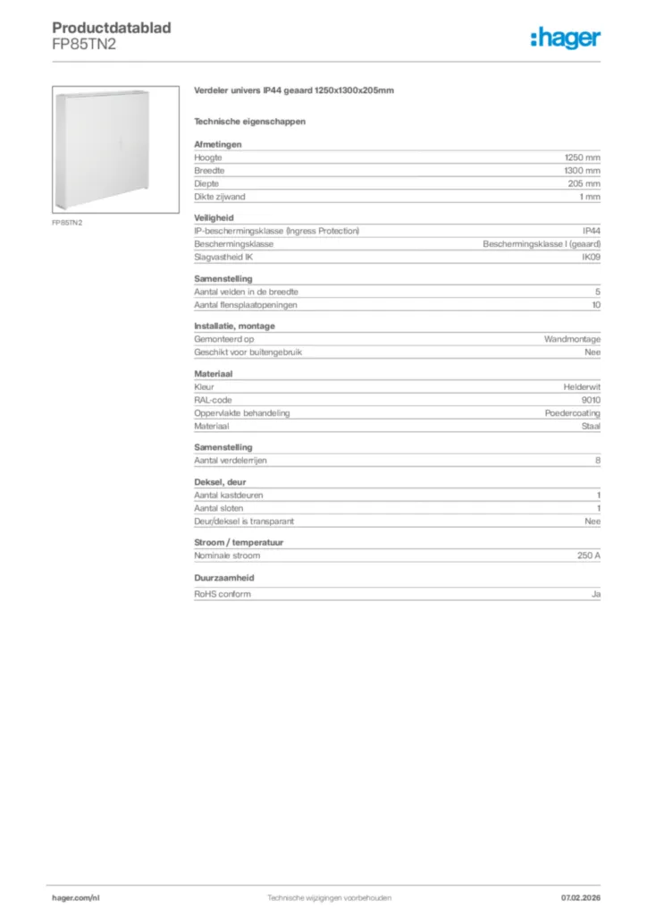 Afbeelding Hager Productdatablad FP85TN2 | Hager Nederland
