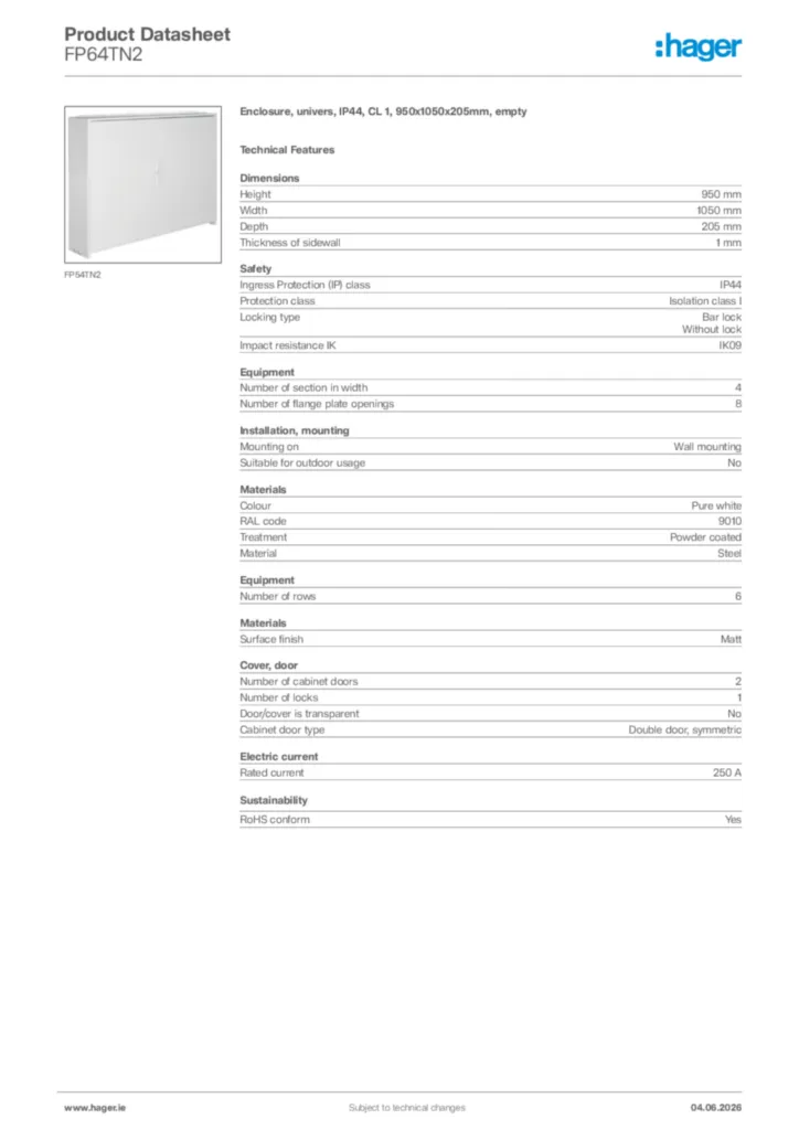 Image Hager Product data sheet FP64TN2  | Hager